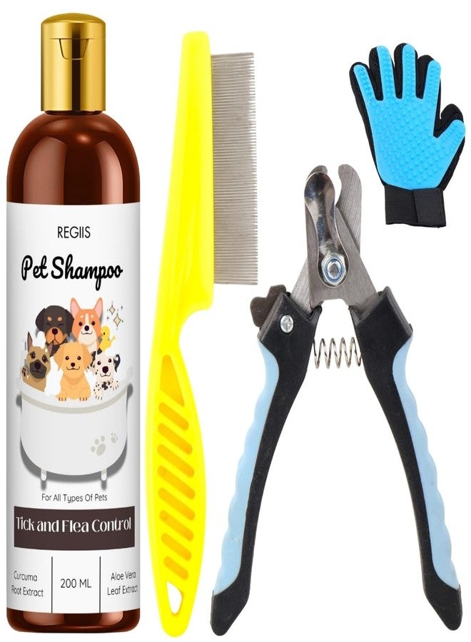 REGIIS Pet Grooming Kit, 4-Piece Set with Deshedding Glove, Nail Clipper, Metal Comb, Tick and Flea Control Shampoo for Dogs - Image 1